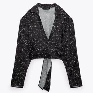 ZARA Polka Dot Satin Tie Front Blouse Size XL Cropped Black White Bow Detail NEW